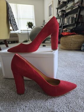 J. Crew Red Suede Pointed-Toe Block Heel Pumps